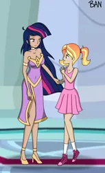 Size: 2066x3367 | Tagged: alicorn, artist:banquo0, clothes, derpibooru import, dress, duo, duo female, female, human, human coloration, humanized, luster dawn, older, older twilight, princess twilight 2.0, safe, side slit, strapless dress, sundress, the last problem, twilight sparkle, twilight sparkle (alicorn)