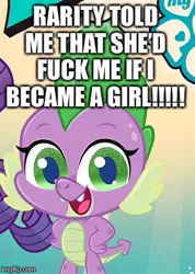 Size: 295x414 | Tagged: suggestive, derpibooru import, edit, edited screencap, editor:useraccount, screencap, rarity, spike, dragon, my little pony: pony life, barb, caption, cropped, excessive exclamation marks, female, image macro, implied sex, lesbian, male, rule 63, sex change, shipping, solo focus, sparity, straight, text, vulgar