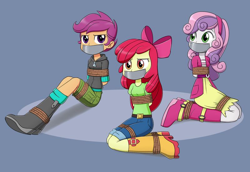 Size: 1600x1100 | Tagged: suggestive, artist:nivek15, derpibooru import, apple bloom, scootaloo, sweetie belle, equestria girls, arm behind back, bondage, boots, bound and gagged, bow, clothes, cutie mark crusaders, gag, gray background, jeans, pants, ropes, shoes, shorts, simple background, skirt, tape, tape gag