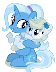 Size: 792x1009 | Tagged: safe, artist:bounswetie, artist:thatonecrazyartist18, derpibooru import, trixie, oc, oc:lunar rose, pony, unicorn, base used, duo, female, filly, flower, flower in hair, like mother like daughter, looking at each other, mare, mother and child, mother and daughter, next generation, offspring, older, older trixie, parent:prince blueblood, parent:trixie, parents:bluetrix, simple background, sitting, transparent background