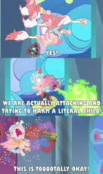 Size: 2000x3363 | Tagged: safe, derpibooru import, edit, edited screencap, screencap, cozy glow, pinkie pie, spike, alicorn, bird, dragon, goose, pony, the ending of the end, alicornified, bell, canterlot castle, caption, child, comic, confetti, cozy glow drama, cozybuse, cozycorn, drama, eyes closed, female, filly, fire, flying, glowing horn, grogar's bell, horn, image macro, magic, magic aura, meme, party bazooka, party cannon, race swap, sarcasm, screencap comic, stained glass, stained glass window, telekinesis, text, wings