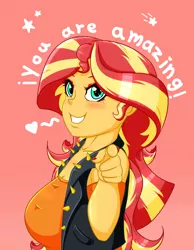 Size: 1550x2000 | Tagged: safe, artist:albertbm, derpibooru import, sunset shimmer, equestria girls, blushing, breasts, busty sunset shimmer, cute, eyeshadow, looking at you, makeup, nail polish, positive ponies, red background, shimmerbetes, simple background, smiling, solo, talking to viewer