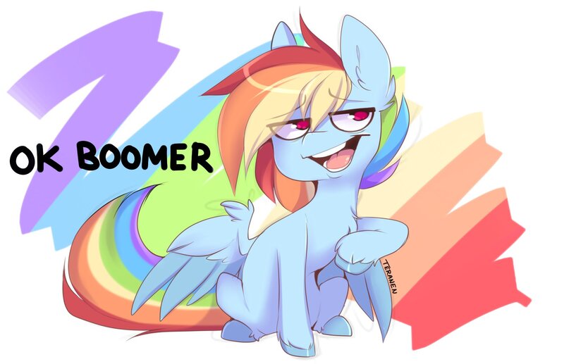 Size: 1786x1155 | Tagged: safe, artist:teranen, derpibooru import, rainbow dash, pegasus, pony, my little pony: pony life, abstract background, boomer, chest fluff, ear fluff, female, mare, meme, ok boomer, open mouth, sketch, solo, unshorn fetlocks