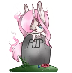 Size: 1070x1080 | Tagged: safe, artist:kaywhitt, derpibooru import, oc, oc:tarot, unofficial characters only, classical unicorn, ghost, ghost pony, pony, undead, unicorn, big ears, cloven hooves, cute, dead, female, floppy ears, flower, grass, grave, gravestone, graveyard, horn, leonine tail, mare, melancholy, one eye closed, rest in peace, simple background, solo, transparent background, unshorn fetlocks