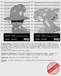 Size: 806x992 | Tagged: safe, artist:dan232323, derpibooru import, trixie, pony, unicorn, attempted murder, cape, clothes, crime, dark magic, female, grayscale, hat, implied king sombra, kidnapped, magic, mare, monochrome, mugshot, my little criminal records, solo, trixie's cape, trixie's hat