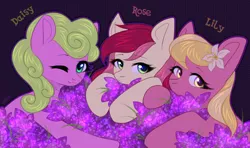 Size: 3200x1893 | Tagged: safe, artist:avrameow, derpibooru import, daisy, flower wishes, lily, lily valley, roseluck, earth pony, pony, cute, cuteluck, female, flower, flower in hair, flower trio, lilybetes, looking at you, mare, one eye closed, trio, wink
