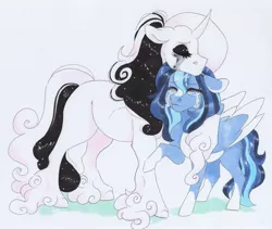 Size: 3517x2963 | Tagged: safe, artist:frozensoulpony, derpibooru import, oc, oc:azure, oc:rose, unofficial characters only, pegasus, pony, unicorn, female, mare, traditional art, unshorn fetlocks