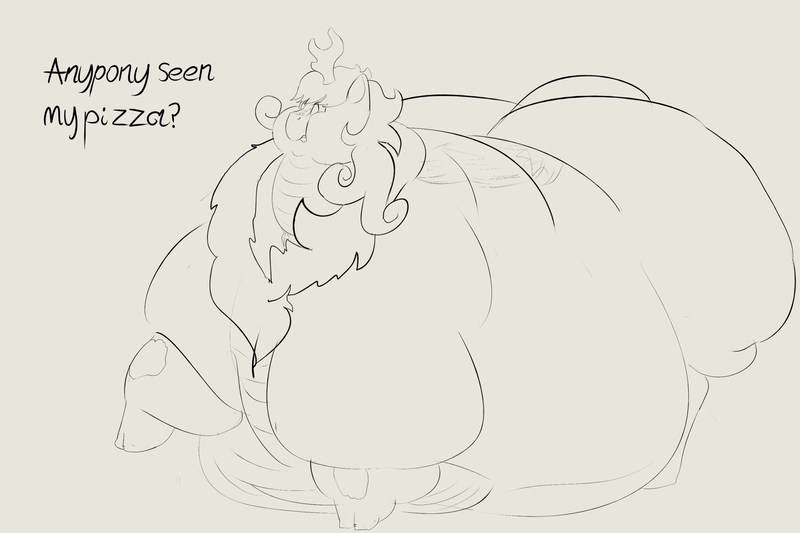 Size: 3000x2000 | Tagged: questionable, artist:lupin quill, derpibooru import, oc, oc:gesr, kirin, belly, bhm, big belly, butt, double chin, fat, grayscale, jewelry, kirin oc, kirinified, large butt, monochrome, morbidly obese, obese, plot, rolls of fat, simple background, species swap