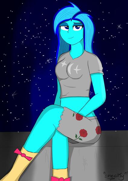 Size: 1024x1449 | Tagged: artist:sneakycsgo, bow, clothes, crossed legs, derpibooru import, female, human, humanized, midriff, oc, oc:blue light, safe, short shirt, solo