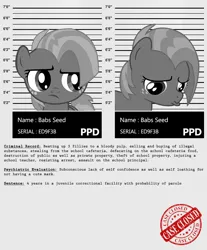 Size: 910x1100 | Tagged: semi-grimdark, artist:dan232323, derpibooru import, babs seed, earth pony, pony, bully, crime, female, filly, freckles, grayscale, juvenile delinquency, monochrome, mugshot, my little criminal records, pouty lips, sad, solo, stealing