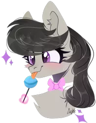 Size: 789x1013 | Tagged: safe, artist:lazuli, derpibooru import, octavia melody, earth pony, pony, blushing, bowtie, bust, candy, chest fluff, cute, ear fluff, eye clipping through hair, eyebrows visible through hair, female, food, licking, lollipop, mare, portrait, simple background, solo, tavibetes, tongue out, transparent background