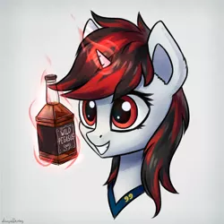 Size: 3000x3000 | Tagged: safe, artist:adagiostring, derpibooru import, oc, oc:blackjack, unofficial characters only, pony, unicorn, fallout equestria, fallout equestria: project horizons, alcohol, alcoholic, alcoholism, bust, cute, fanfic art, female, grin, high res, horn, magic, mare, portrait, simple background, small horn, smiling, solo, telekinesis, whiskey, white background, wild pegasus