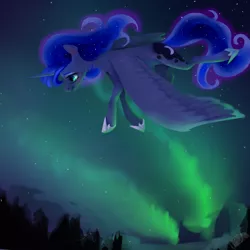 Size: 1000x1000 | Tagged: safe, artist:theo-0, derpibooru import, princess luna, alicorn, pony, aurora borealis, ethereal mane, female, flying, mare, night, profile, sky, solo, spread wings, starry mane, stars, wings