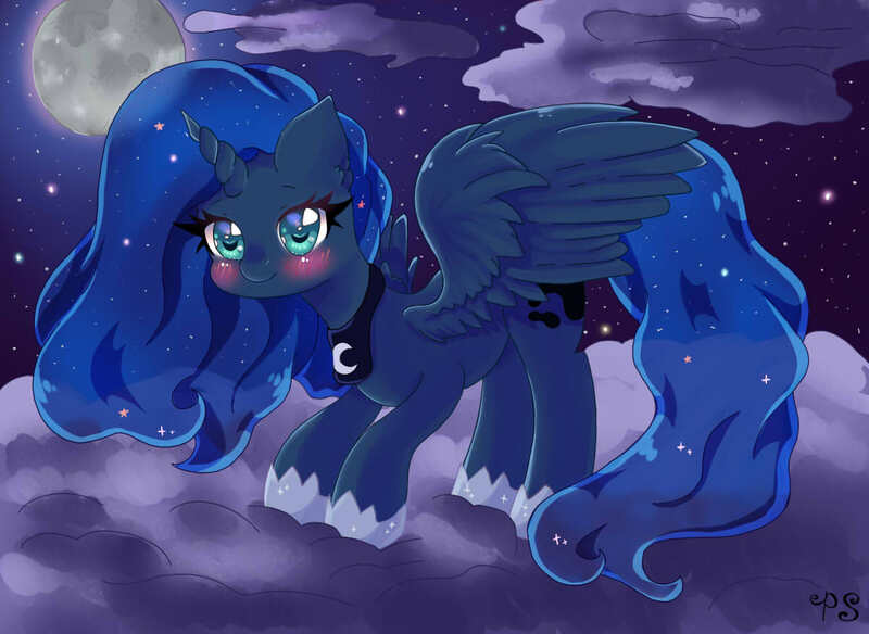 Size: 1200x876 | Tagged: safe, artist:perlshow, derpibooru import, princess luna, alicorn, pony, blushing, cloud, cute, female, full moon, looking at you, lunabetes, mare, moon, night, on a cloud, sky, smiling, solo, spread wings, standing, wings