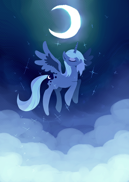 Size: 2150x3035 | Tagged: safe, artist:tan_fantazma, derpibooru import, princess luna, alicorn, pony, cloud, crescent moon, eyes closed, female, flying, high res, mare, moon, night, pixiv, s1 luna, sky, solo, spread wings, stars, wings