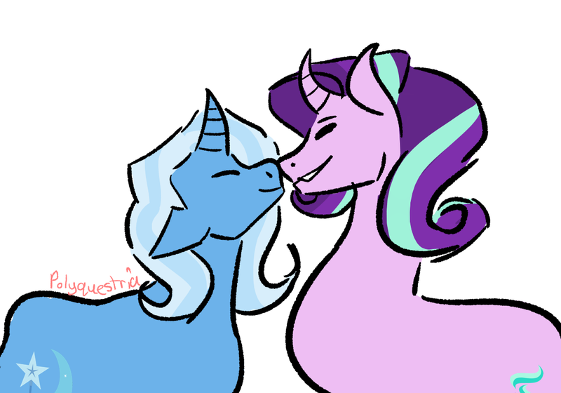 Size: 1181x827 | Tagged: safe, artist:lieutenantcactus, artist:polyquestria, derpibooru import, starlight glimmer, trixie, pony, unicorn, boop, curved horn, eyes closed, female, horn, lesbian, mare, noseboop, shipping, simple background, smiling, startrix, white background