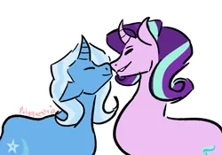 Size: 1181x827 | Tagged: safe, artist:lieutenantcactus, artist:polyquestria, derpibooru import, starlight glimmer, trixie, pony, unicorn, boop, curved horn, eyes closed, female, horn, lesbian, mare, noseboop, shipping, simple background, smiling, startrix, white background