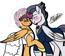 Size: 2048x1780 | Tagged: safe, artist:melspyrose, derpibooru import, rumble, scootaloo, pegasus, pony, blushing, clothes, cute, cutealoo, dress, ear fluff, female, grown ups, male, mare, marriage, married couple, older, older rumble, older scootaloo, rumblebetes, rumbloo, shipping, stallion, straight, wedding, wedding dress, wedding suit, wedding veil