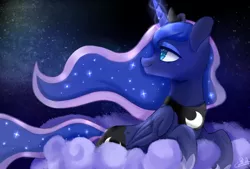 Size: 1748x1181 | Tagged: safe, artist:black moon, derpibooru import, princess luna, alicorn, pony, cloud, cute, female, glowing horn, horn, lunabetes, mare, night, on a cloud, pixiv, profile, sky, solo, stars