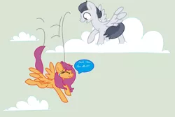 Size: 1352x902 | Tagged: safe, artist:themysticaldrawer13, derpibooru import, rumble, scootaloo, pegasus, pony, cloud, damsel in distress, falling, female, male, rumbloo, shipping, speech bubble, straight, teenager, text