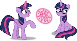 Size: 3342x1791 | Tagged: safe, artist:frownfactory, derpibooru import, sci-twi, twilight sparkle, twilight sparkle (alicorn), ponified, alicorn, pony, unicorn, equestria girls, .svg available, equestria girls ponified, excited, female, glasses, heptagram, horn, magic, magic symbols, mare, raised hoof, simple background, sitting, svg, transparent background, twolight, unicorn sci-twi, vector, wings, worried