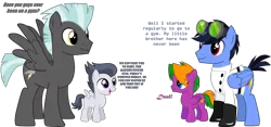 Size: 3139x1469 | Tagged: safe, artist:shadymeadow, derpibooru import, rumble, thunderlane, oc, oc:professor jolt, oc:pumpkin sorcerer, pony, brothers, colt, cutie mark, foal, male, siblings, simple background, stallion, text, transparent background