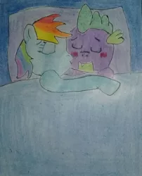 Size: 1456x1802 | Tagged: artist needed, safe, derpibooru import, rainbow dash, spike, dragon, pegasus, pony, bed, female, hug, kissing, male, rainbowspike, shipping, sleeping, straight, traditional art