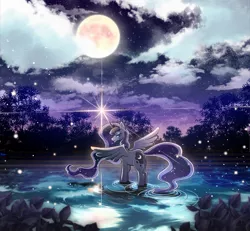 Size: 1500x1387 | Tagged: safe, artist:namagakiokami, artist:yuki-zakuro, derpibooru import, princess luna, alicorn, pony, bedroom eyes, cloud, cute, female, full moon, glowing horn, horn, lake, leaf, looking at you, lunabetes, mare, moon, night, scenery, sky, solo, spread wings, starry night, stars, water, wings