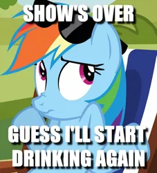 Size: 815x897 | Tagged: after the show, alcoholism, caption, cropped, dashaholic, derpibooru import, edit, edited screencap, image macro, rainbow dash, safe, screencap, shrug, sunglasses, text, too many pinkie pies