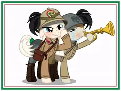 Size: 1024x768 | Tagged: safe, artist:brony-works, derpibooru import, oc, unofficial characters only, bat, earth pony, pony, :t, bersaglieri, blushing, boots, border, bugle, cheek squish, clothes, crying, eyes closed, fascism, fascist italy, female, floppy ears, hat, helmet, italy, lidded eyes, mare, military, musical instrument, pith helmet, puffy cheeks, shoes, simple background, smiling, smirk, squishy cheeks, uniform, white background, world war ii