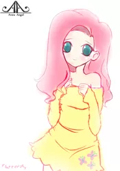 Size: 907x1296 | Tagged: artist:anzuangel, bare shoulders, clothes, colored pupils, cute, cutie mark, cutie mark on clothes, derpibooru import, dress, female, fluttershy, human, humanized, looking at you, off shoulder, safe, shyabetes, simple background, solo, white background