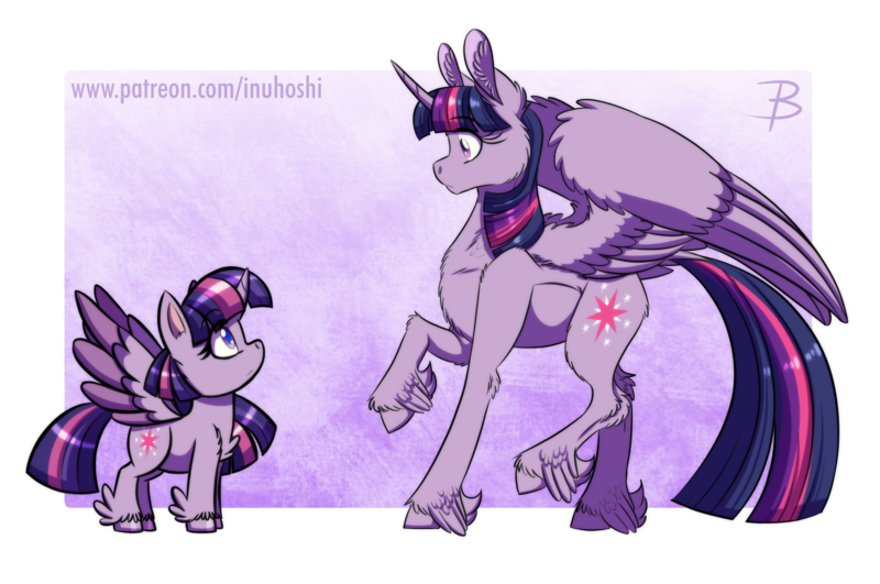 Size: 1807x1200 | Tagged: safe, artist:inuhoshi-to-darkpen, derpibooru import, twilight sparkle, twilight sparkle (alicorn), alicorn, pony, my little pony: pony life, abstract background, butt fluff, cheek fluff, chest fluff, chibi, colored pupils, colored wings, colored wingtips, confused, duality, ear fluff, eye contact, feathered fetlocks, female, fluffy, frown, generational ponidox, hoof fluff, leg fluff, looking at each other, looking down, looking up, mare, raised hoof, raised leg, self ponidox, shoulder fluff, simple background, spread wings, time paradox, transparent background, twolight, unshorn fetlocks, wide eyes, wing fluff, wings