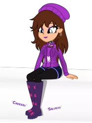 Size: 773x1034 | Tagged: safe, artist:applec1234, deleted from derpibooru, derpibooru import, oc, oc:chloe adore, equestria girls, boots, clothes, ear piercing, earring, hat, jacket, jewelry, onomatopoeia, piercing, shoes, simple background, smiling, solo, transparent background, wellington boots