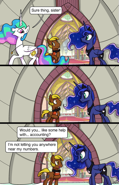 Size: 1989x3072 | Tagged: safe, artist:docwario, derpibooru import, princess celestia, princess luna, oc, oc:lump sum, alicorn, earth pony, pony, comic:royal chores, comic, guard, jewelry, necklace, ribbon, royal guard, speech bubble, walking