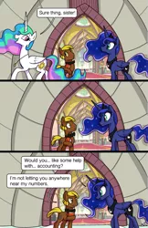 Size: 1989x3072 | Tagged: safe, artist:docwario, derpibooru import, princess celestia, princess luna, oc, oc:lump sum, alicorn, earth pony, pony, comic:royal chores, comic, guard, jewelry, necklace, ribbon, royal guard, speech bubble, walking