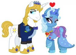 Size: 1164x856 | Tagged: safe, artist:starryoak, derpibooru import, edit, prince blueblood, trixie, pony, unicorn, alternate hairstyle, bluetrix, clothes, crown, female, heart, jewelry, king, king and queen, male, mare, older, queen, regalia, shipping, simple background, stallion, straight, white background