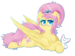 Size: 1080x810 | Tagged: safe, artist:vanillaswirl6, derpibooru import, angel bunny, fluttershy, pegasus, pony, cheek fluff, chest fluff, crossed hooves, cute, fluffershy, fluffy, hair accessory, hairpin, looking at you, lying down, older, older fluttershy, prone, shyabetes, simple background, smiling, solo, sploot, transparent background
