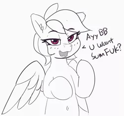 Size: 2812x2625 | Tagged: suggestive, artist:pabbley, derpibooru import, rainbow dash, pegasus, pony, bedroom eyes, belly button, ear fluff, female, flirting, fuk, lemme smash, looking at you, mare, monochrome, neo noir, open mouth, partial color, question, raised hoof, smiling, solo, vulgar