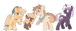 Size: 1182x484 | Tagged: safe, artist:moon-rose-rosie, derpibooru import, applejack, oc, oc:daniel, oc:north, oc:sunshine amethyst, earth pony, pony, unicorn, adopted offspring, alternate design, base used, female, male, offspring, parent:applejack, parent:caramel, parents:carajack