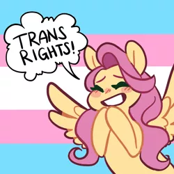 Size: 1280x1280 | Tagged: safe, artist:snowolive, derpibooru import, fluttershy, pegasus, pony, blushing, exclamation point, eyebrows, eyes closed, female, mare, mouthpiece, politics, pride, pride flag, smiling, solo, speech, speech bubble, talking, trans rights, transgender pride flag