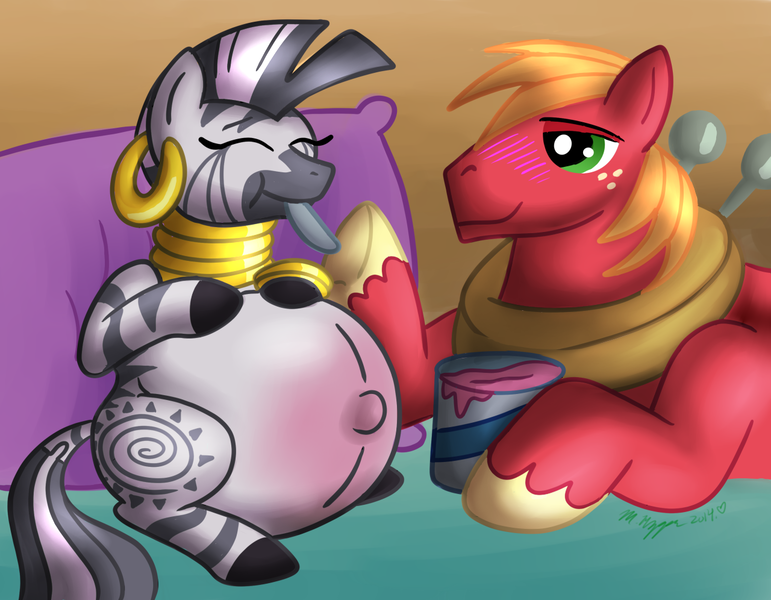 Size: 1280x996 | Tagged: suggestive, artist:necrofeline, derpibooru import, big macintosh, zecora, earth pony, pony, zebra, belly, belly button, big belly, blushing, cute, feeding, female, food, hyper, hyper belly, hyper pregnancy, ice cream, impossibly large belly, interspecies, macora, male, outie belly button, pillow, pregnant, shipping, straight, zecorable