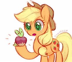 Size: 1500x1308 | Tagged: safe, artist:dawnfire, derpibooru import, applejack, earth pony, pony, :o, applin, colored pupils, cute, eyes on the prize, female, hoof hold, jackabetes, mare, open mouth, pokemon sword and shield, pokémon, simple background, solo, starry eyes, white background, wingding eyes
