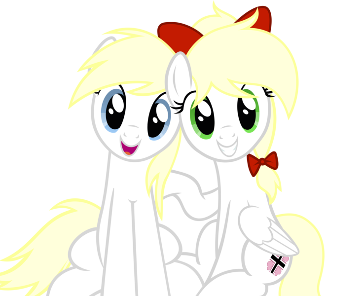 Size: 3258x2665 | Tagged: safe, artist:accu, derpibooru import, oc, oc:aryanne, oc:kyrie, unofficial characters only, earth pony, pegasus, pony, aryan, aryan pony, aryanbetes, blonde, blonde hair, blonde mane, blue eyes, bow, cute, duo, duo female, female, green eyes, grin, head tilt, nazi, nazipone, open mouth, raised hoof, sitting, smiling