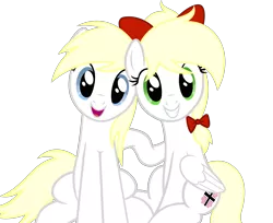 Size: 3258x2665 | Tagged: safe, artist:accu, derpibooru import, oc, oc:aryanne, oc:kyrie, unofficial characters only, earth pony, pegasus, pony, aryan, aryanbetes, aryan pony, blonde, blonde hair, blonde mane, blue eyes, bow, cute, duo, duo female, female, green eyes, grin, head tilt, nazi, nazipone, open mouth, raised hoof, sitting, smiling