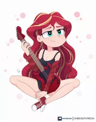 Size: 1700x2150 | Tagged: artist:ohiekhe, breasts, cleavage, clothes, cute, derpibooru import, electric guitar, female, guitar, human, humanized, legs, musical instrument, safe, shimmerbetes, shoes, sitting, smiling, solo, sunset shimmer