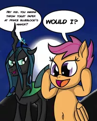 Size: 2400x3000 | Tagged: safe, artist:saburodaimando, derpibooru import, queen chrysalis, scootaloo, changeling, changeling queen, pegasus, pony, belly button, daimando is going to hell, dialogue, female, filly, implied prince blueblood, implied toilet paper, moon, night, pure unfiltered evil