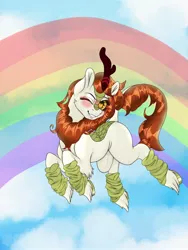 Size: 1536x2048 | Tagged: safe, artist:dannimation, derpibooru import, autumn blaze, kirin, blushing, clothes, cloud, cloudy, female, heart eyes, leg warmers, mare, one eye closed, rainbow, sky, smiling, solo, wingding eyes, wink