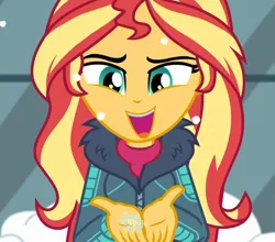 Size: 1226x1080 | Tagged: safe, derpibooru import, screencap, sunset shimmer, equestria girls, equestria girls series, holidays unwrapped, spoiler:eqg series (season 2), blizzard or bust, clothes, cropped, cute, fake snow, female, happy, jacket, open mouth, outdoors, shimmerbetes, smiling, snow, snowflake, solo, winter jacket, winter outfit