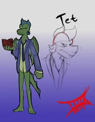 Size: 1446x1840 | Tagged: 60s, artist:iideekayart, book, clothes, derpibooru import, dragon, fanfic art, fanfic:check mate, gradient background, male, oc, oc:tet, redesign, redraw, safe, solo, suit, suit and tie, unofficial characters only