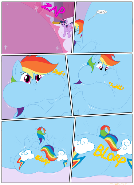 Size: 1584x2178 | Tagged: questionable, artist:necrofeline, derpibooru import, rainbow dash, twilight sparkle, twilight sparkle (alicorn), alicorn, pegasus, pony, unicorn, comic:in a jam, belly, belly noises, big belly, both cutie marks, butt, butt expansion, comic, dialogue, eating, expansion, fat, female, food, growth, huge belly, huge butt, image, immobile, impossibly large belly, impossibly large butt, inflation, jam, large butt, plot, png, puffy cheeks, rainbutt dash, sweat, the ass was fat